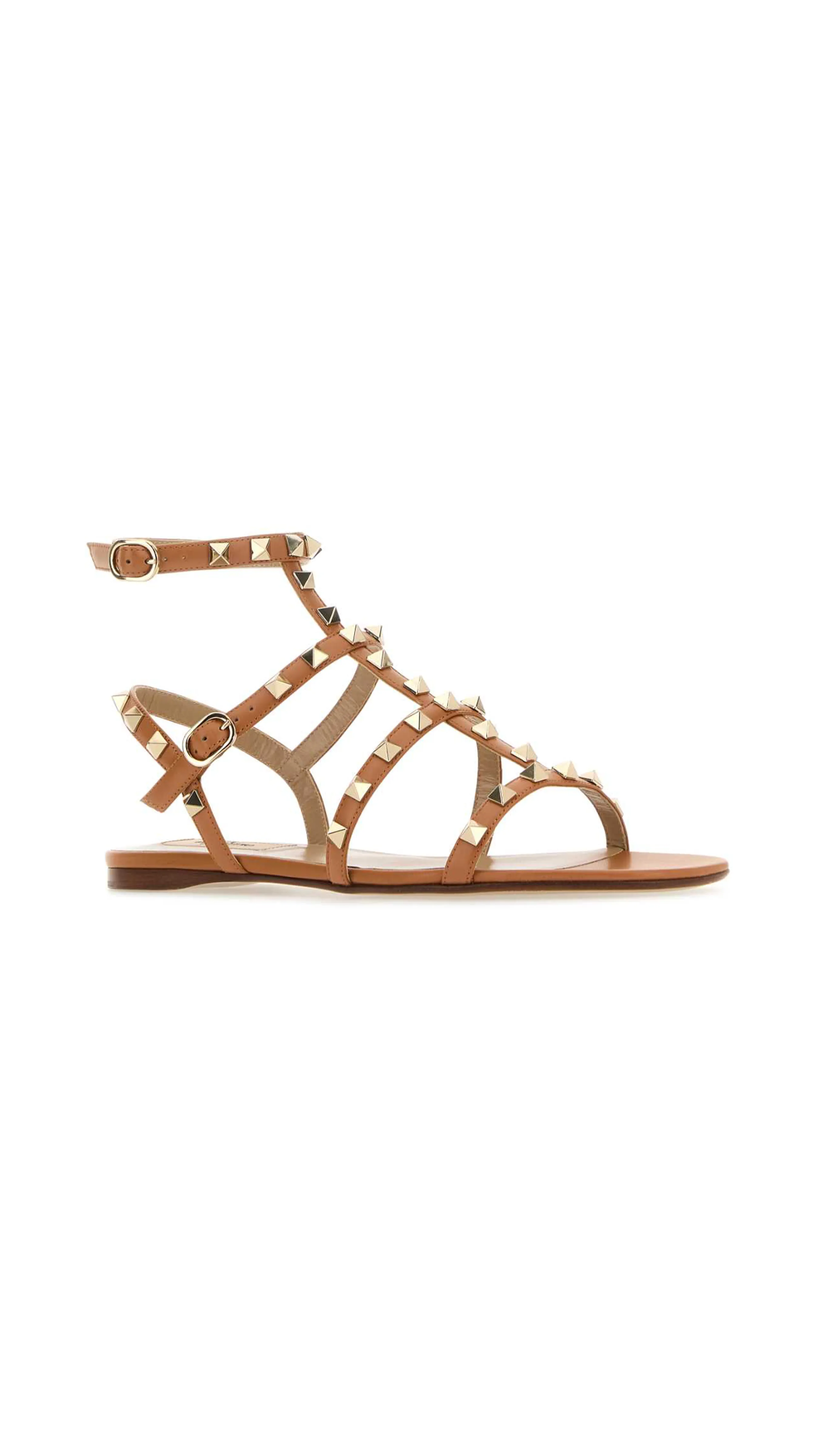 Rockstud Flat Calfskin Sandal with Straps - Almond