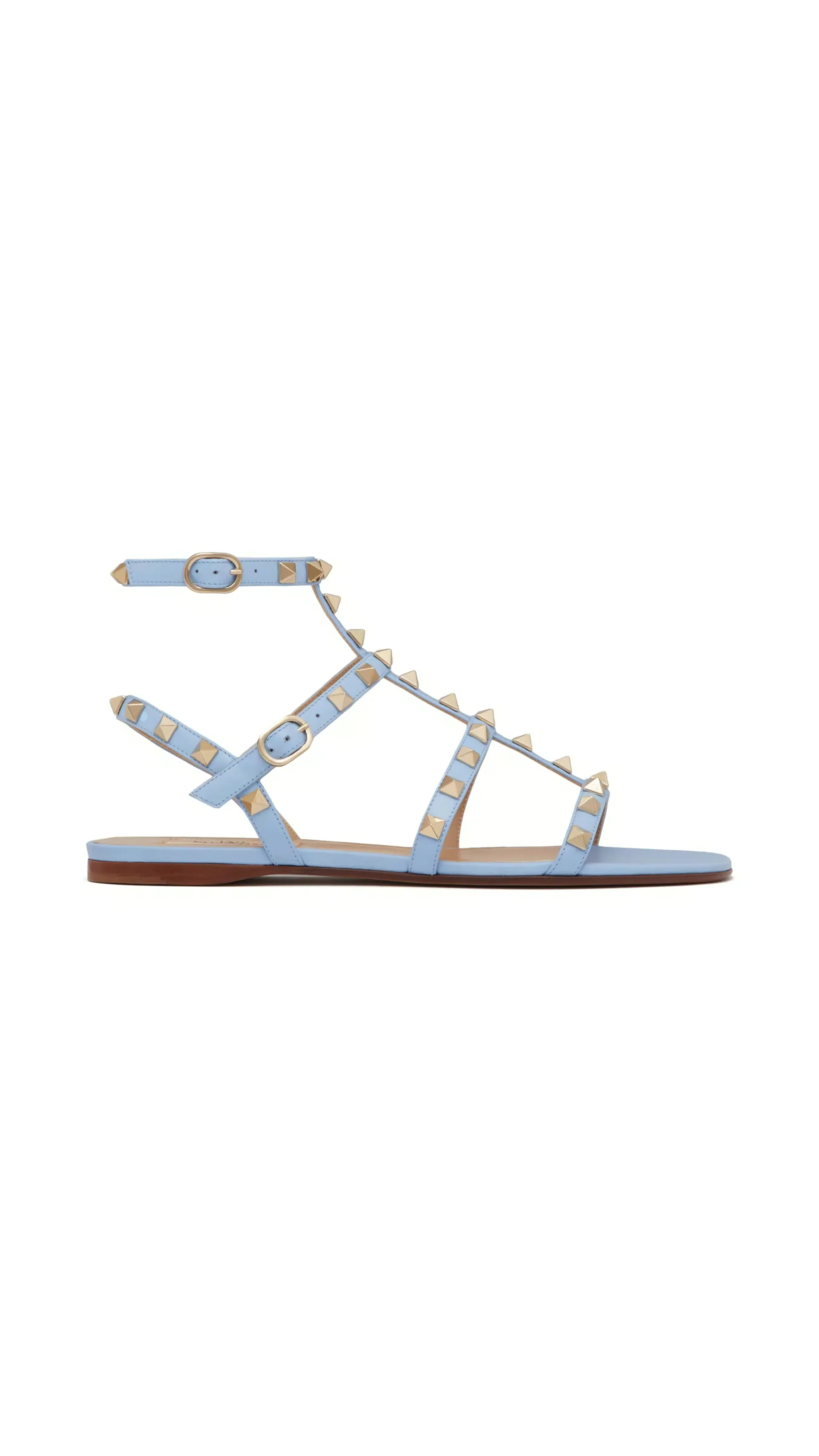 Rockstud Flat Calfskin Sandal With Straps - Porcelain Blue