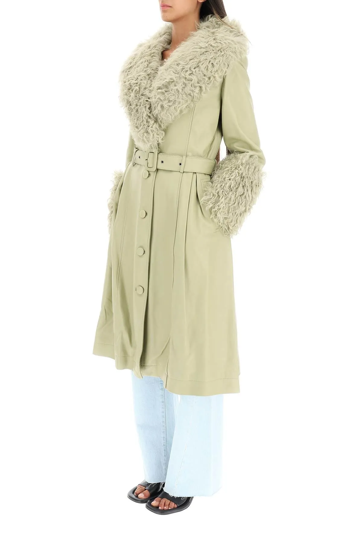 Saks Potts 'Foxy' Leather And Shearling Long Coat   Green