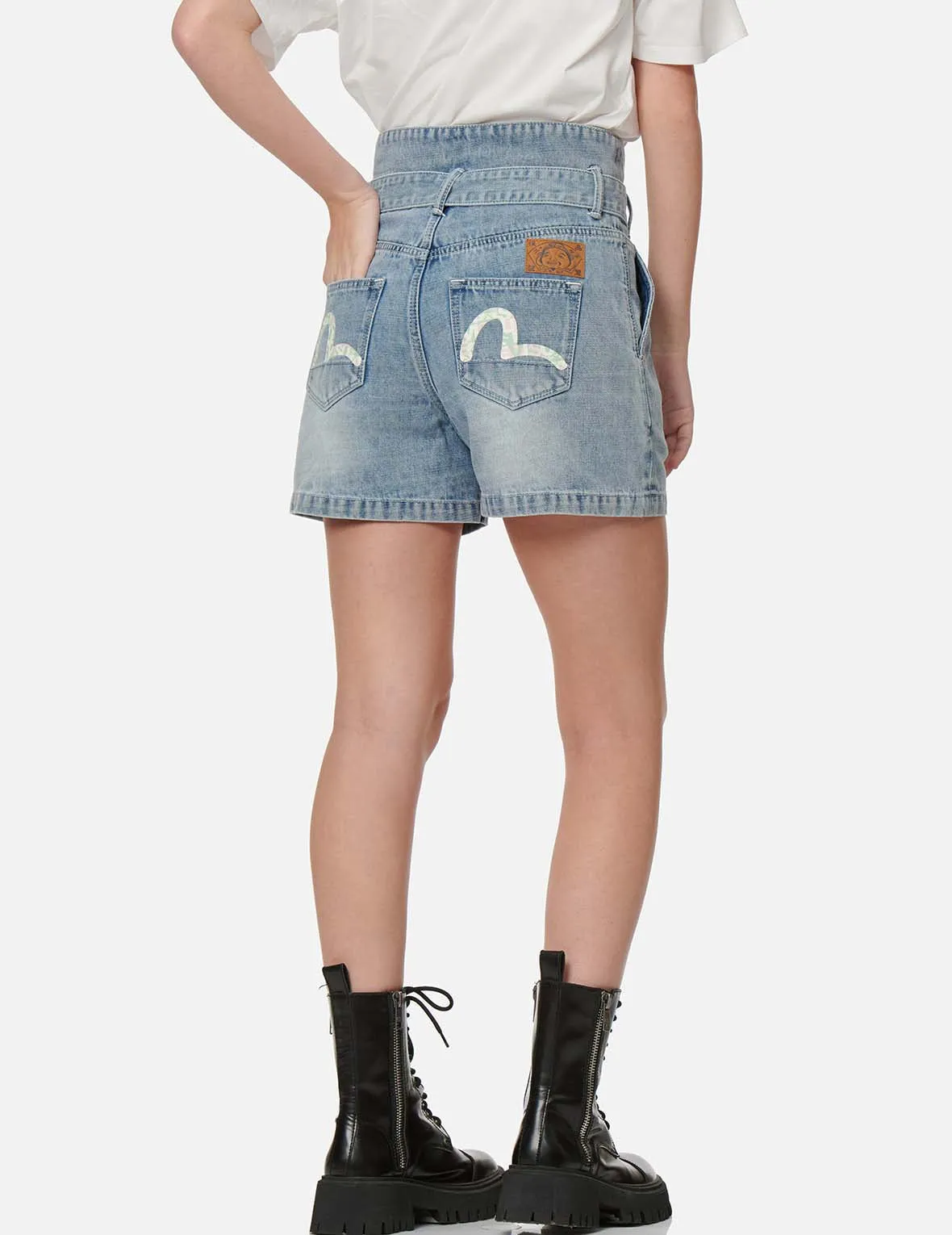 Seagull Print Paper Bag Denim Shorts