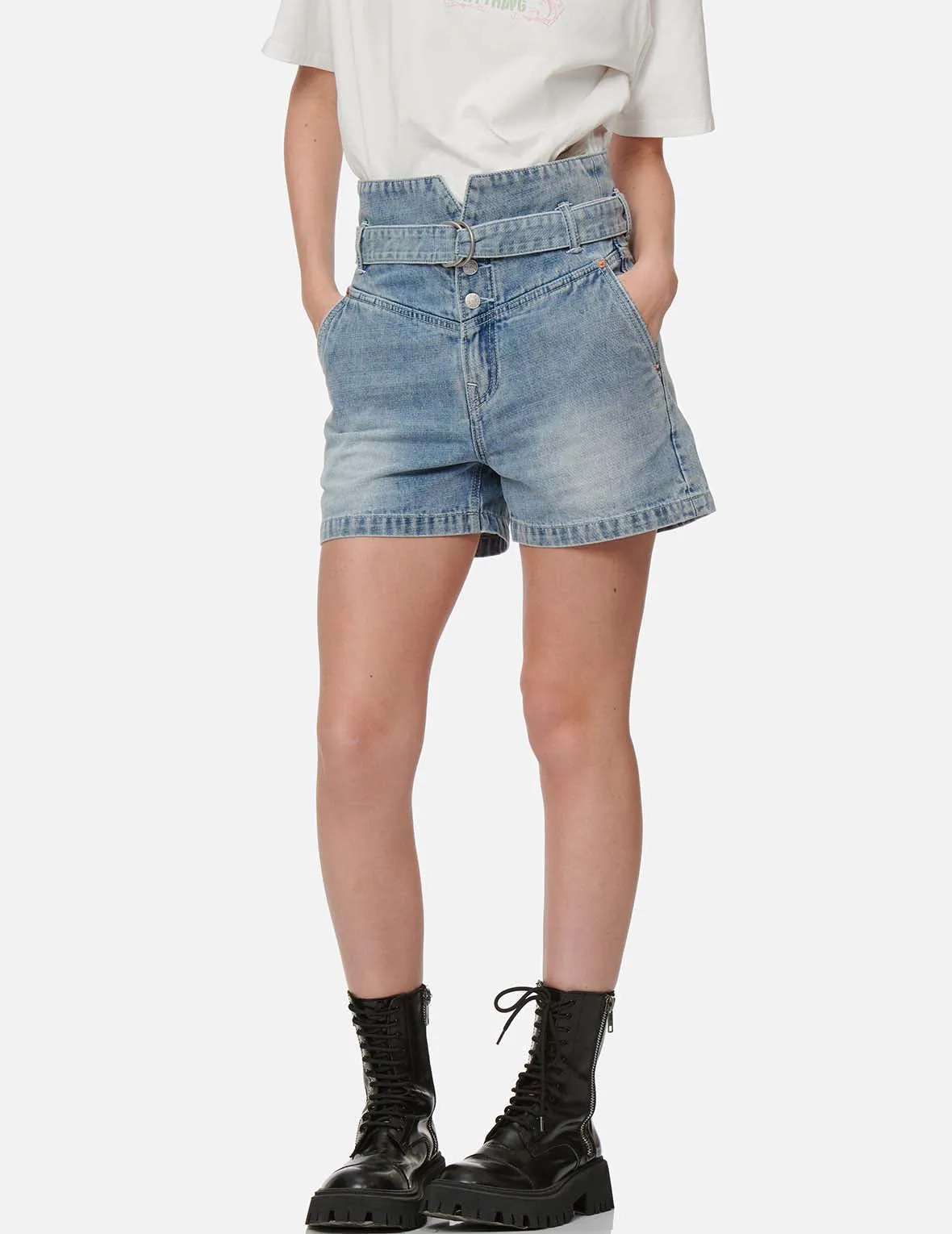 Seagull Print Paper Bag Denim Shorts