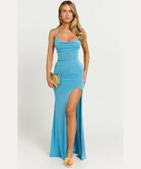 Showpo Porsha Maxi Dress - Cowl Neck Tie Back Dress in Blue