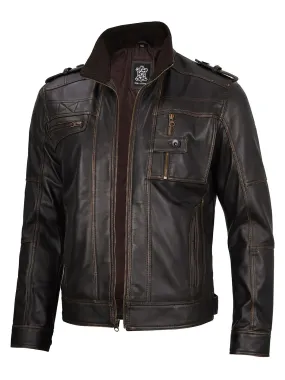 Tavares Dark Brown Rub Off Leather Biker Jacket