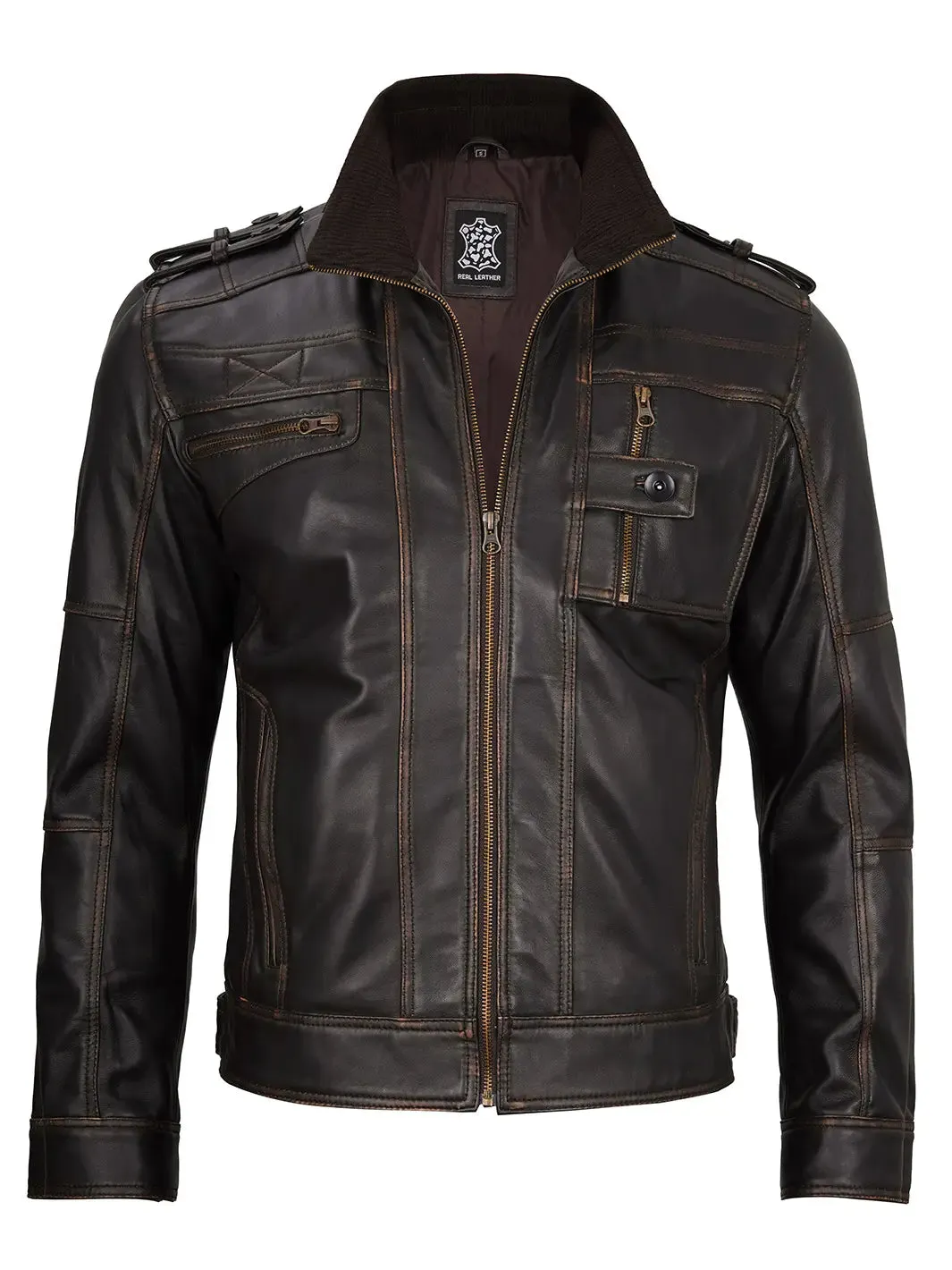 Tavares Dark Brown Rub Off Leather Biker Jacket