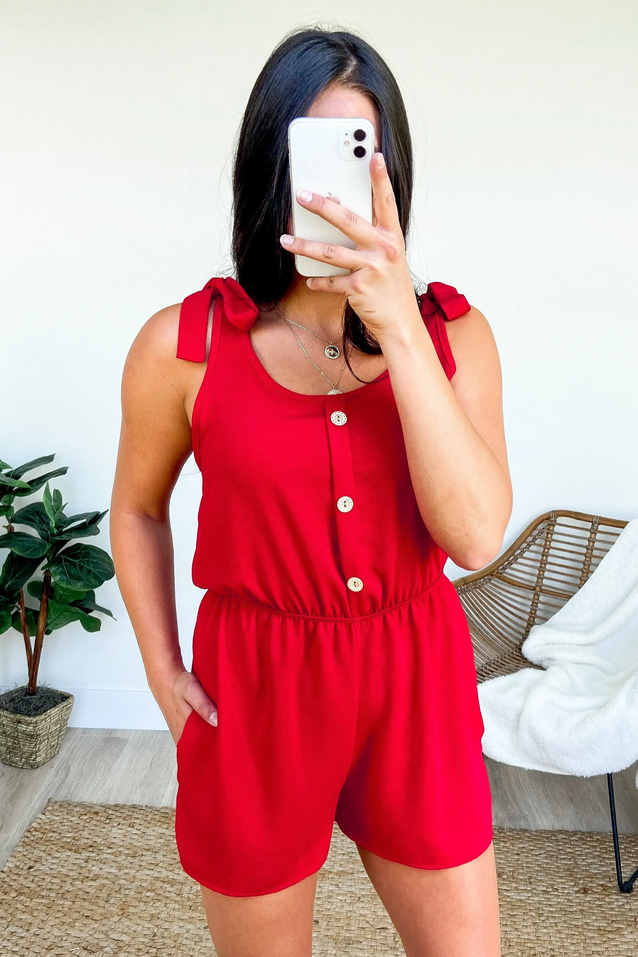 Tie Sleeve Cutie Romper- Red