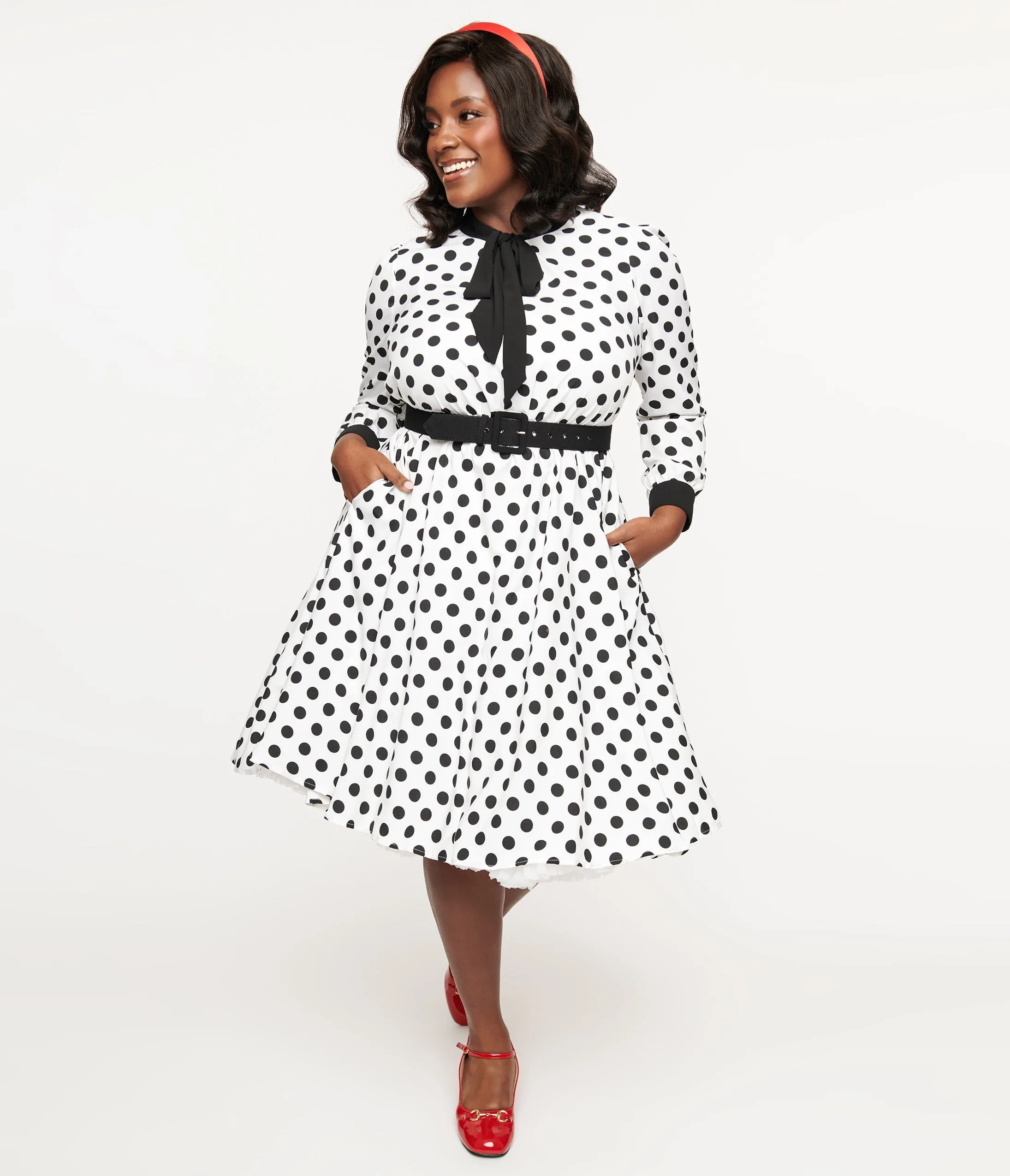 Unique Vintage Plus Size 1950s White & Black Polka Dot Tie Neck Swing Dress