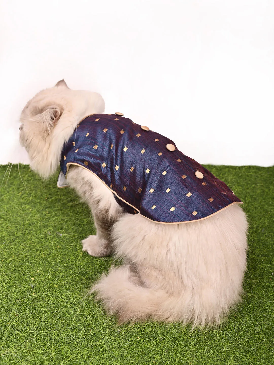 Vastramay Cats Blue And Gold Silk Blend Ethnic Jacket