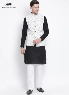 VASTRAMAY Men's Black Cotton Blend Kurta, Ethnic Jacket and Pyjama Set