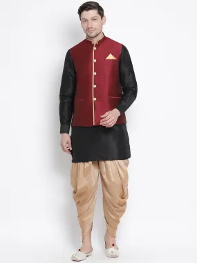 VASTRAMAY Men's Black Cotton Silk Blend Ethnic Jacket, Kurta and Dhoti Pant Set