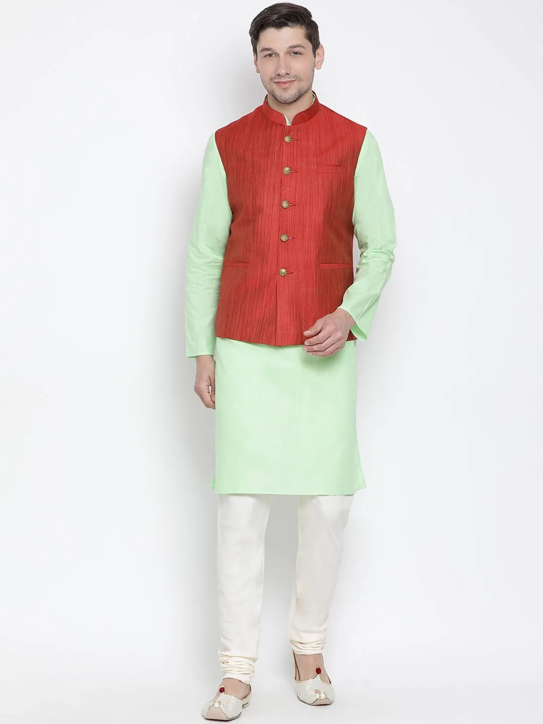 VASTRAMAY Men's Light Green Cotton Blend Kurta, Ethnic Jacket and Pyjama Set