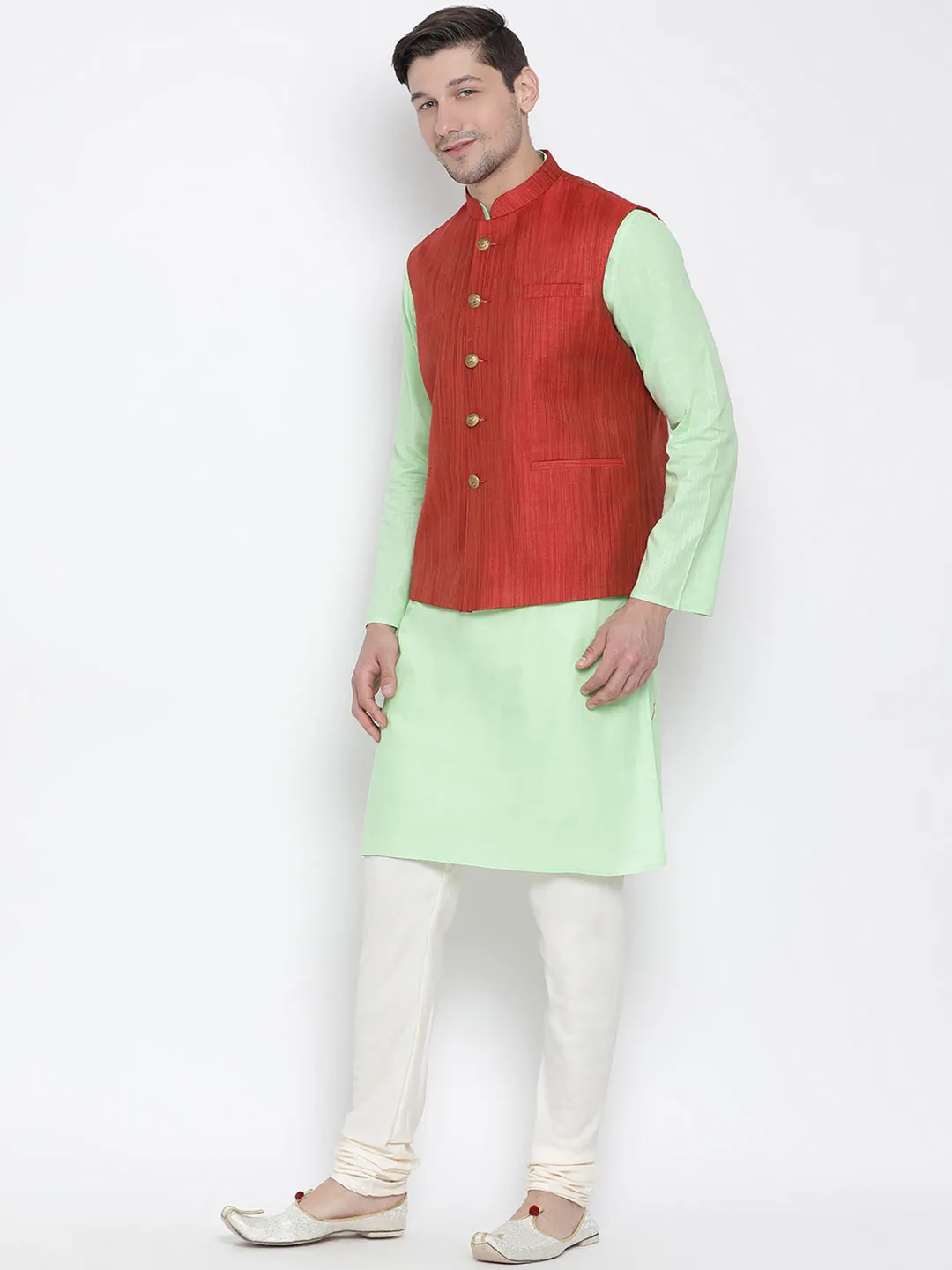 VASTRAMAY Men's Light Green Cotton Blend Kurta, Ethnic Jacket and Pyjama Set