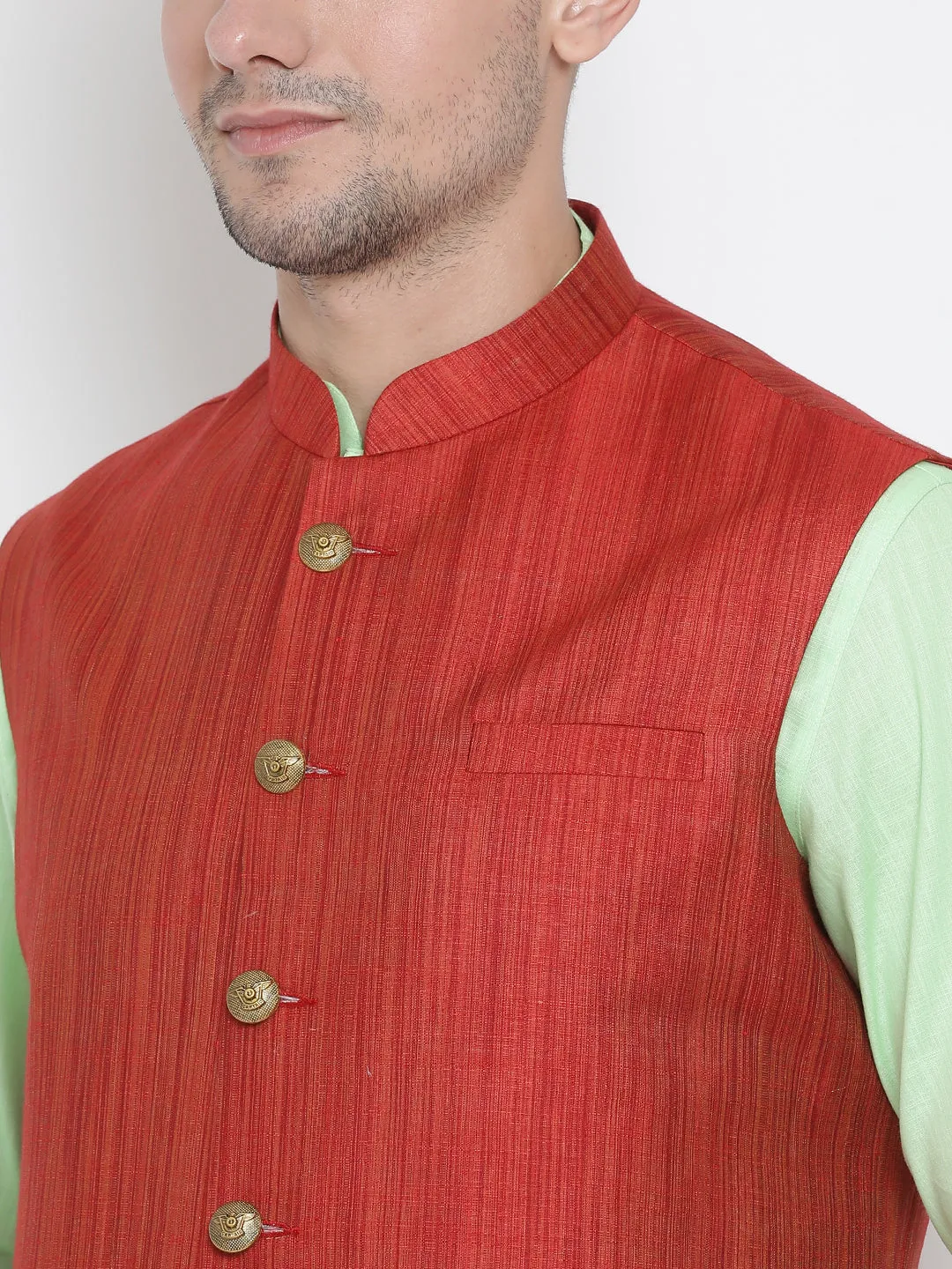 VASTRAMAY Men's Light Green Cotton Blend Kurta, Ethnic Jacket and Pyjama Set