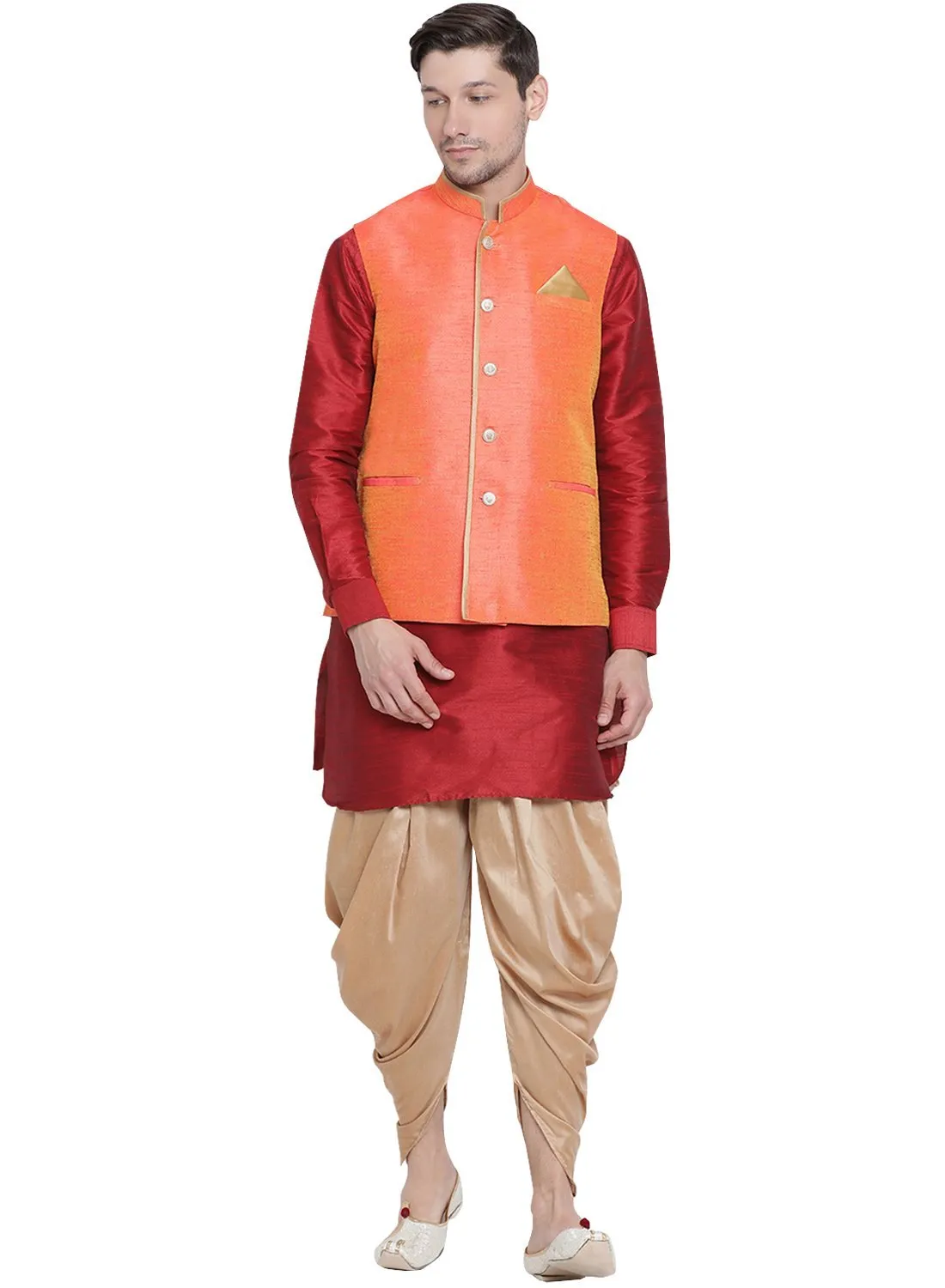 VASTRAMAY Men's Maroon Cotton Silk Blend Ethnic Jacket, Kurta and Dhoti Pant Set