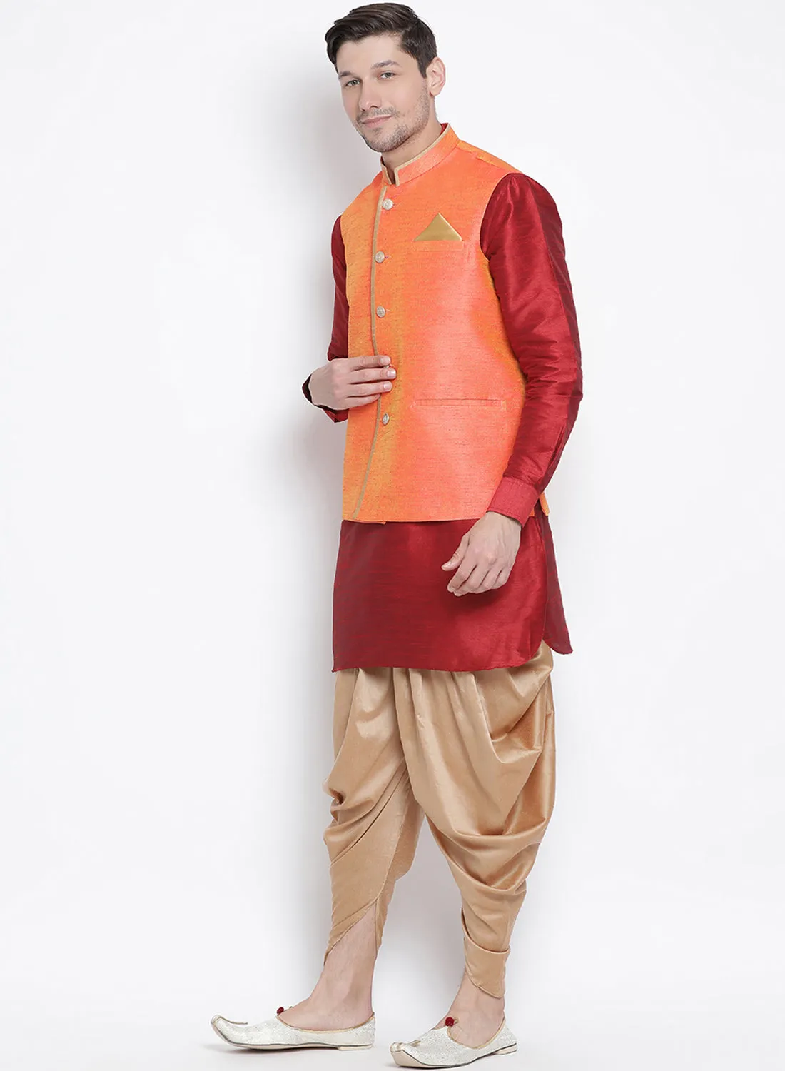 VASTRAMAY Men's Maroon Cotton Silk Blend Ethnic Jacket, Kurta and Dhoti Pant Set