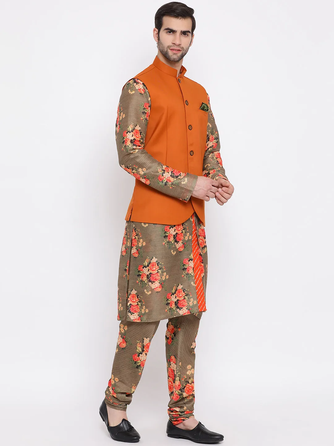 VASTRAMAY Men's Orange Twill Jacket, Printed Kurta and Pyjama Set