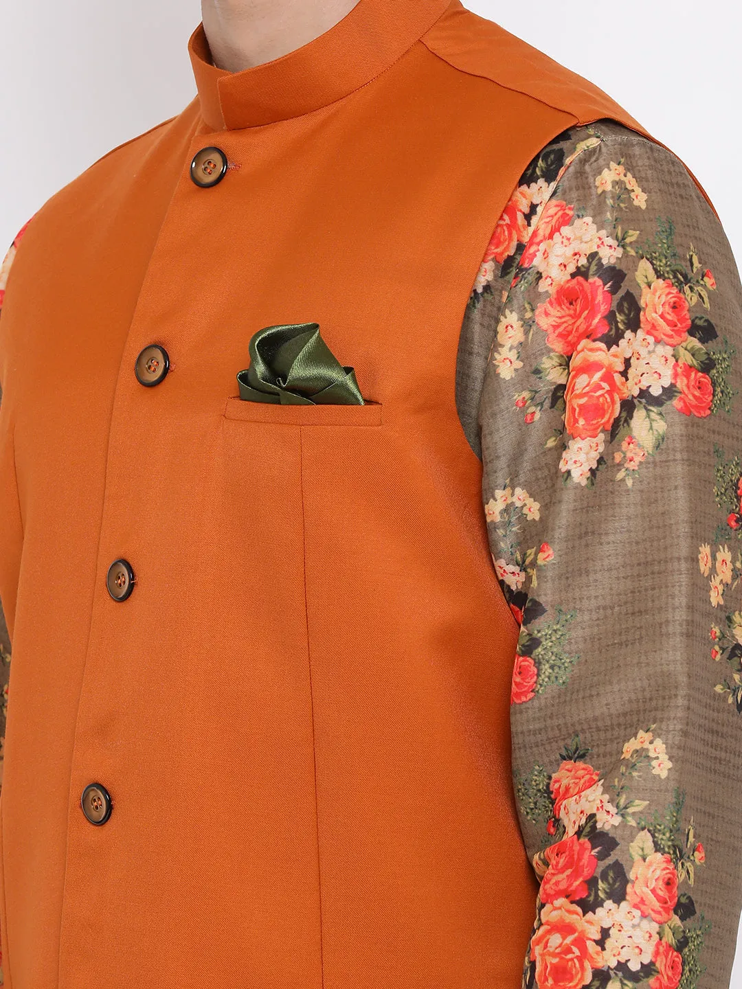 VASTRAMAY Men's Orange Twill Jacket, Printed Kurta and Pyjama Set