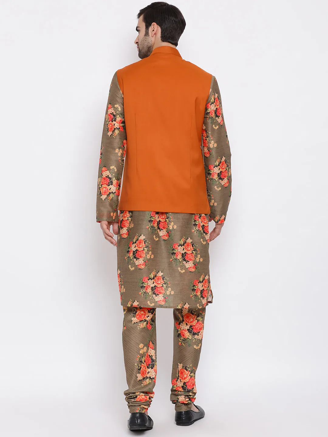 VASTRAMAY Men's Orange Twill Jacket, Printed Kurta and Pyjama Set