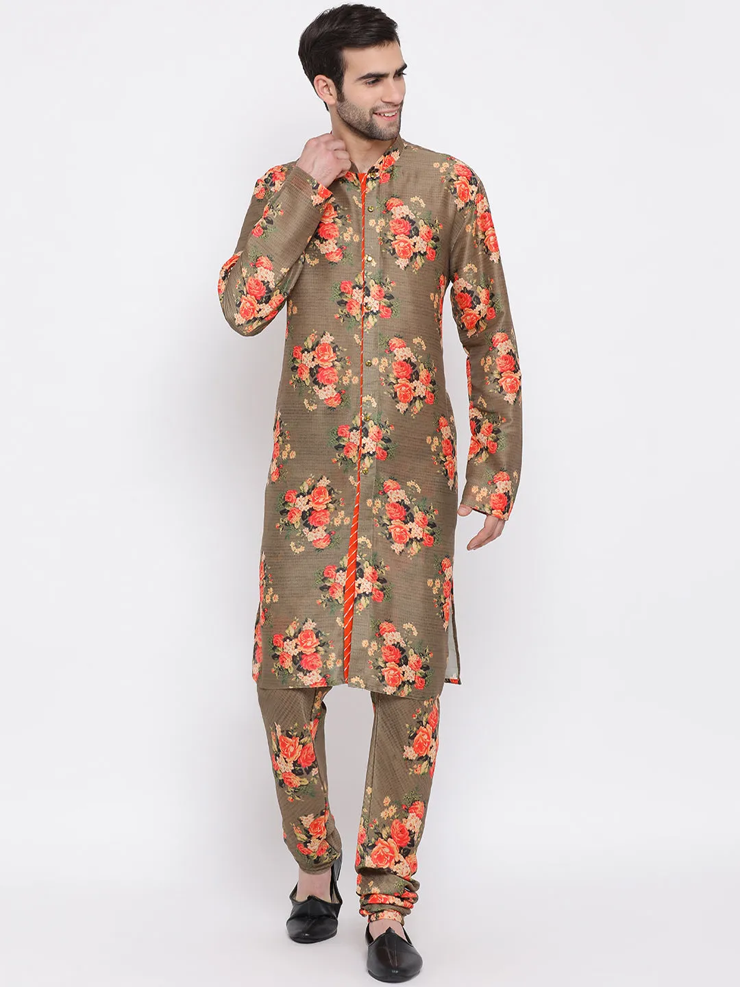 VASTRAMAY Men's Orange Twill Jacket, Printed Kurta and Pyjama Set