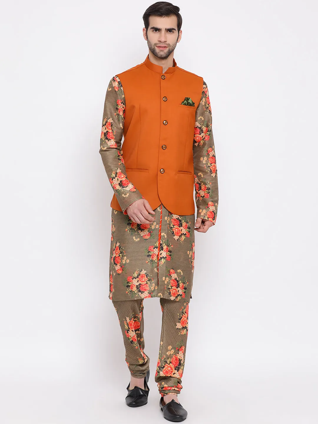 VASTRAMAY Men's Orange Twill Jacket, Printed Kurta and Pyjama Set