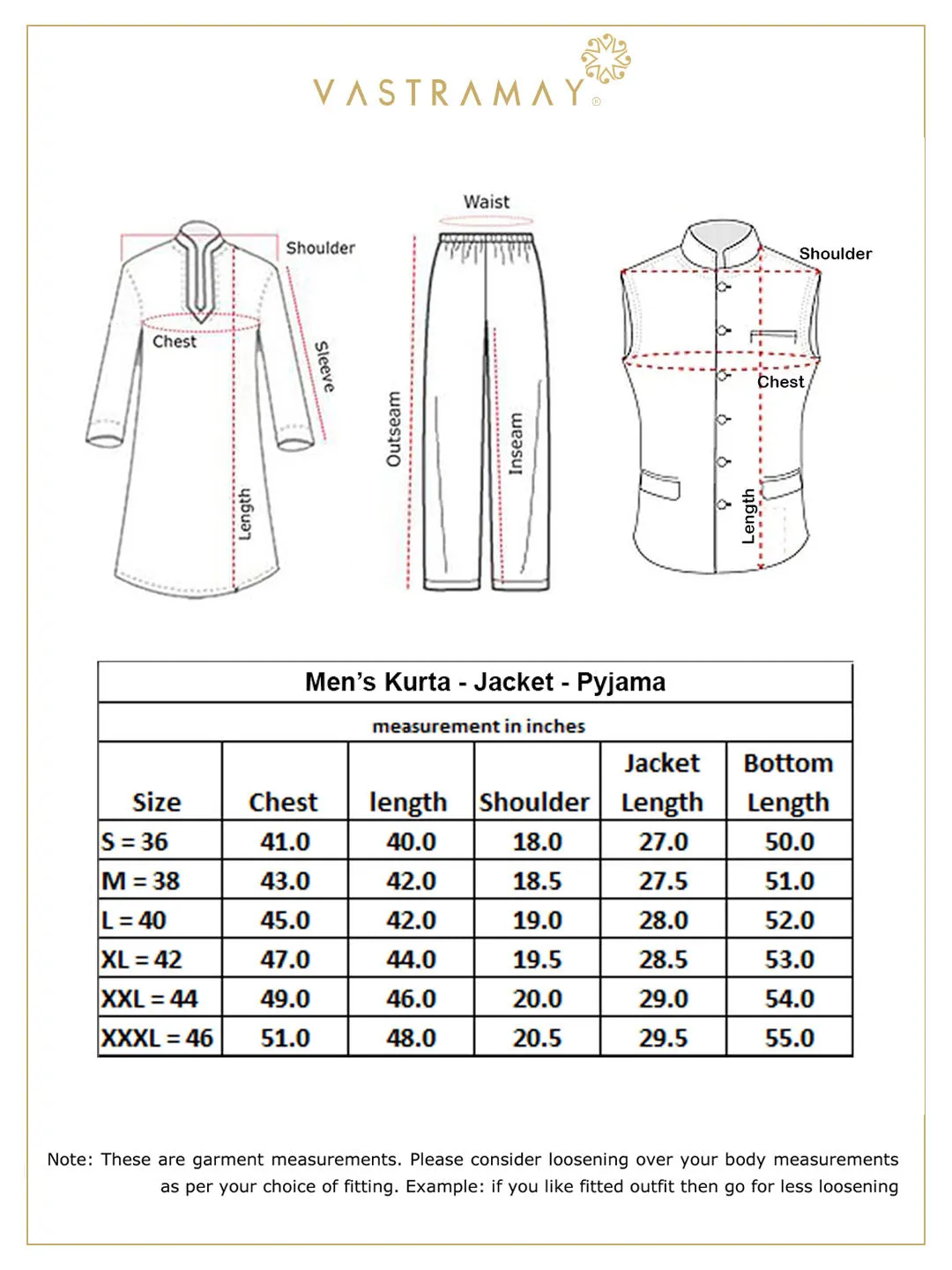 VASTRAMAY Men's Orange Twill Jacket, Printed Kurta and Pyjama Set