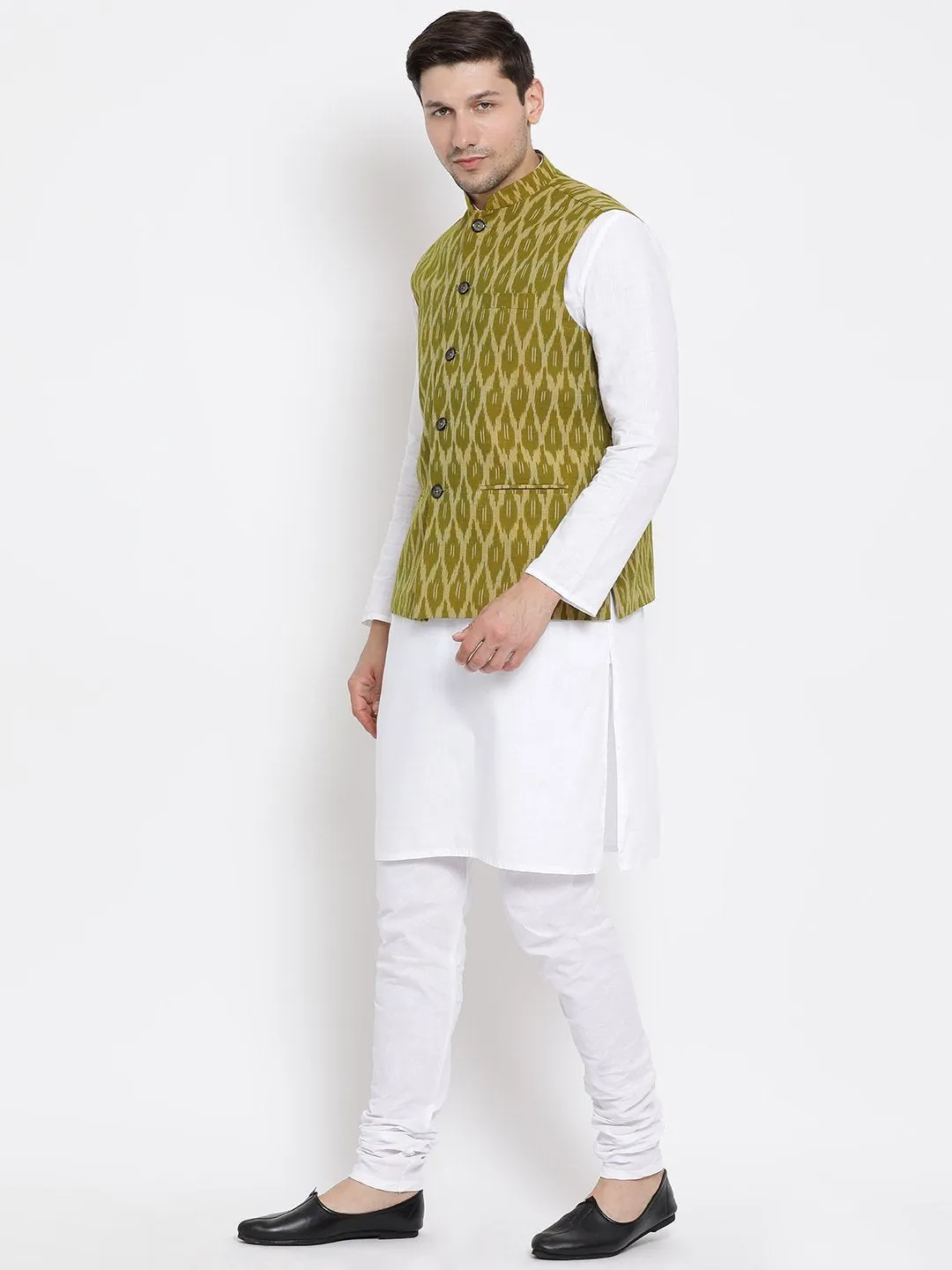 VASTRAMAY Men's White Cotton Kurta, Ethnic Jacket and Pyjama Set