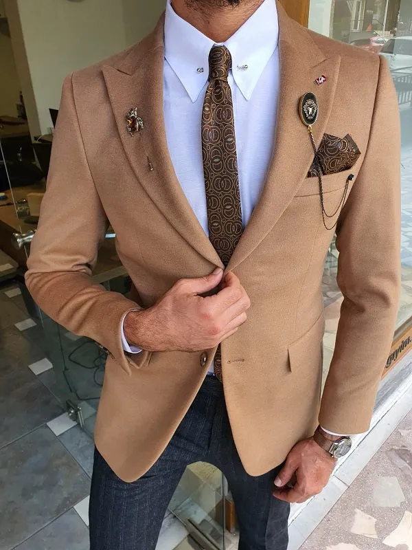 Verno Beige Slim Fit Wool Blazer Coat