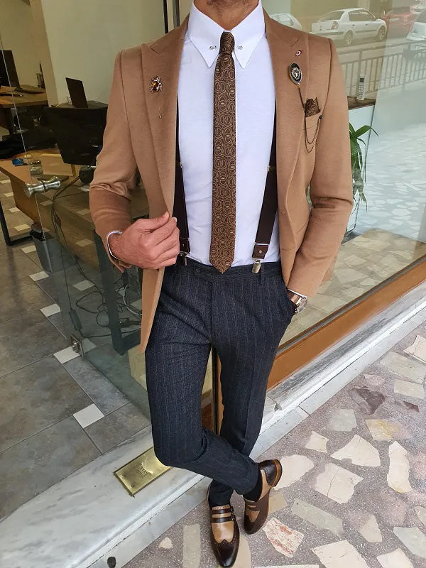 Verno Beige Slim Fit Wool Blazer Coat