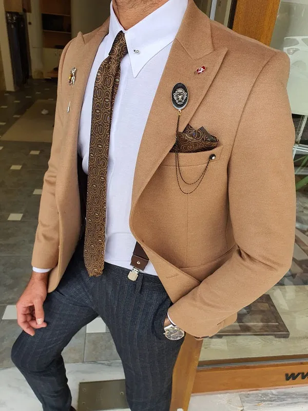 Verno Beige Slim Fit Wool Blazer Coat