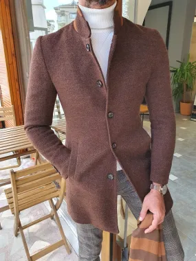 Verno Brown Slim Fit Wool Long Coat