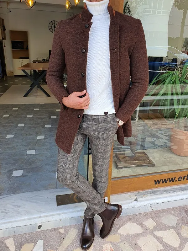 Verno Brown Slim Fit Wool Long Coat