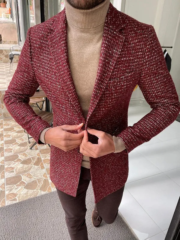 Verno  Burgundy Slim Fit Wool Long Coat