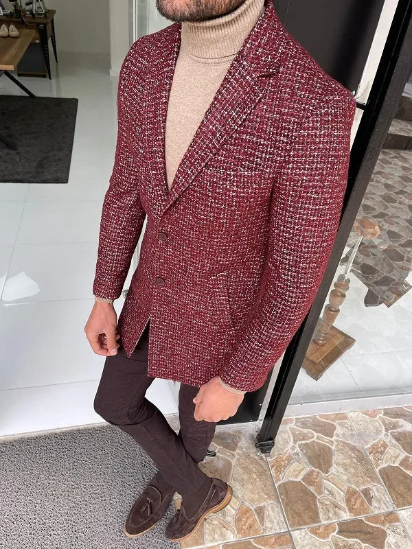 Verno  Burgundy Slim Fit Wool Long Coat