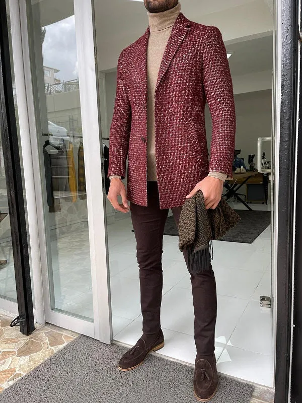 Verno  Burgundy Slim Fit Wool Long Coat