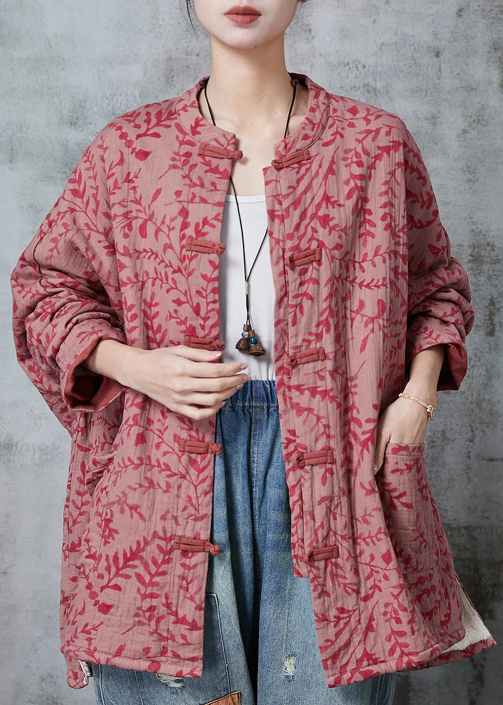 Vintage Red Oversized Print Cotton Coat Outwear Spring