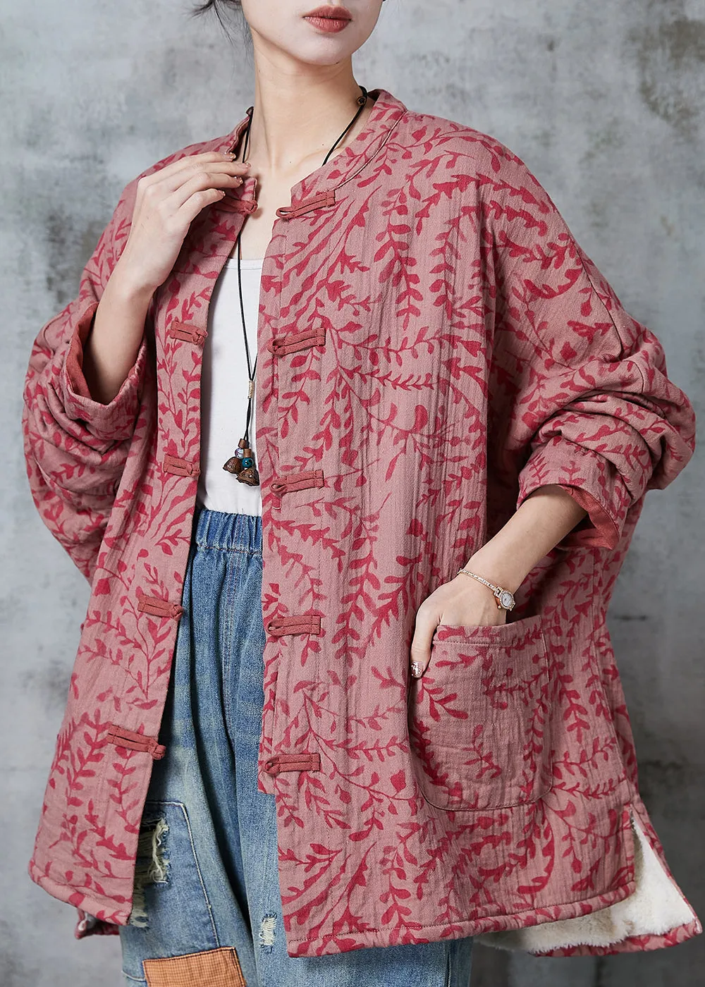 Vintage Red Oversized Print Cotton Coat Outwear Spring