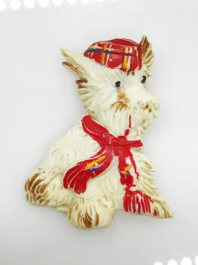 Vintage White Scottish Terrier Plastic Brooch, Plaid Scarf and Cap