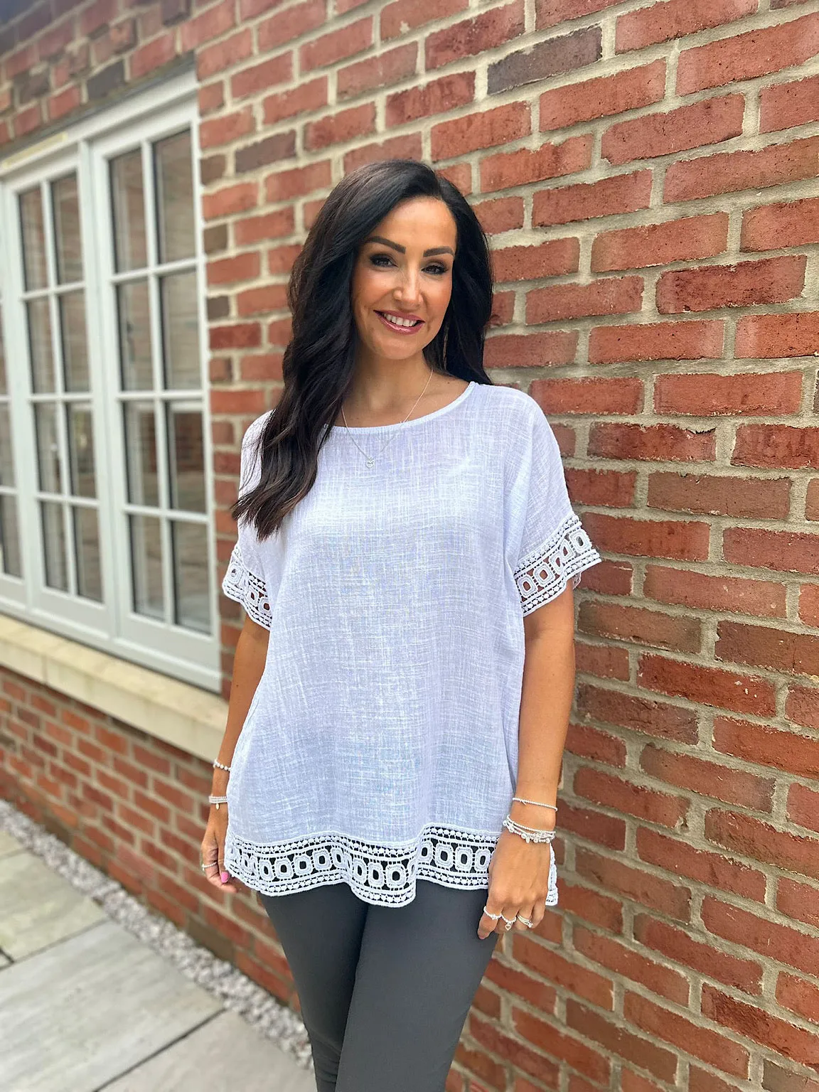 White Crochet Trim Top Rachel