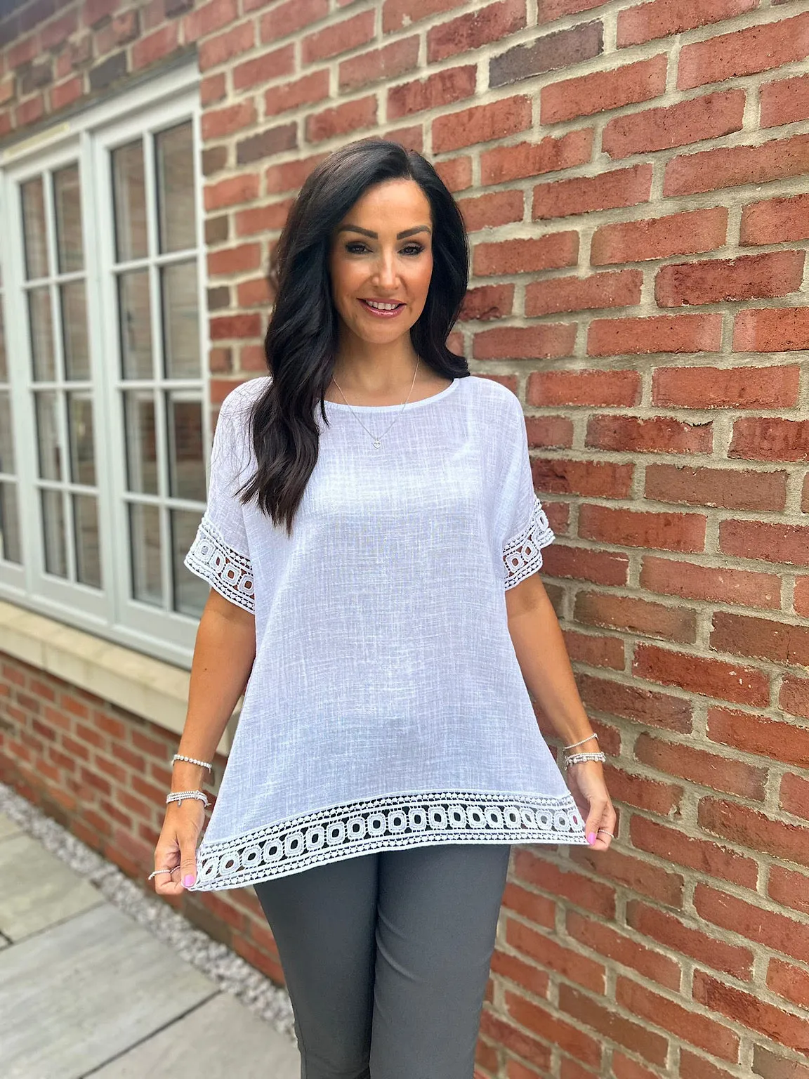 White Crochet Trim Top Rachel