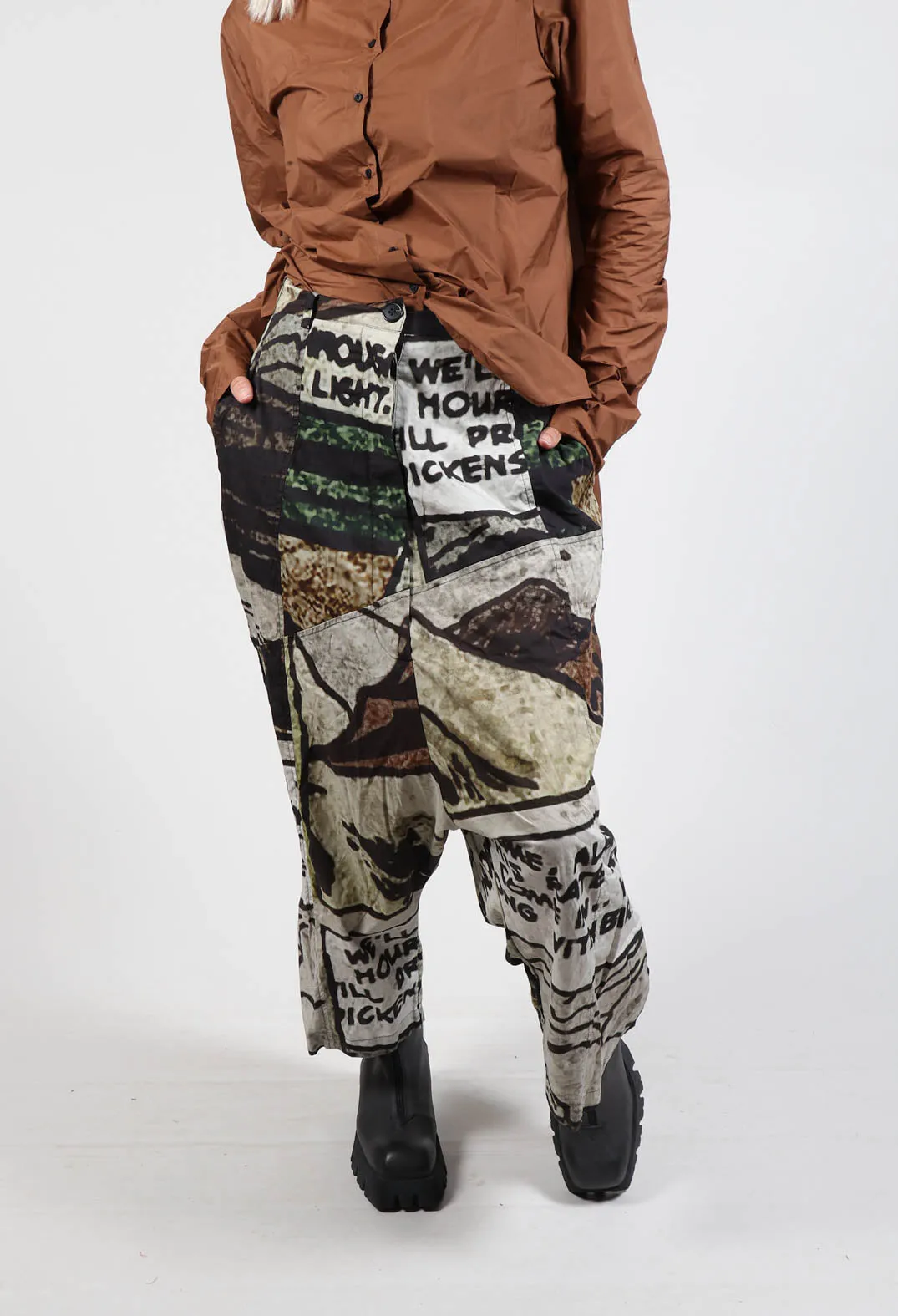 Wide Leg Drop Crotch Trousers in Big Comic Print