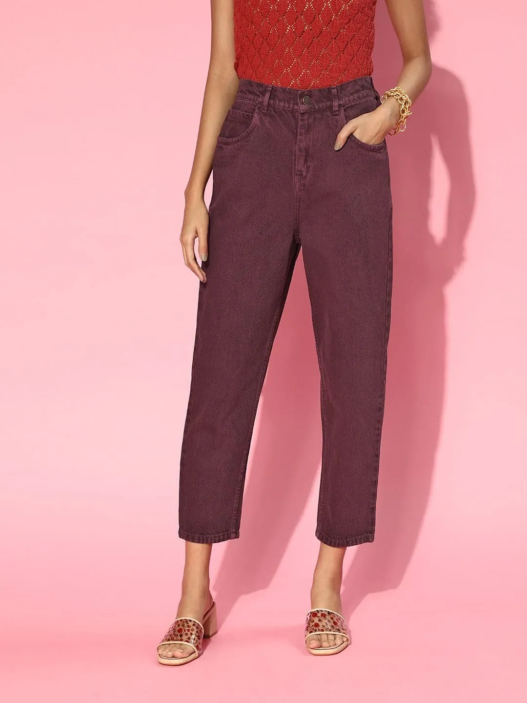 Women Burgundy High Waist Mom Fit Jeans