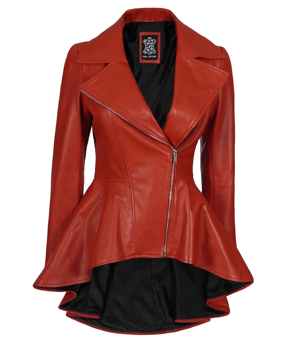 Women's Biker Style Red Leather Peplum Jacket