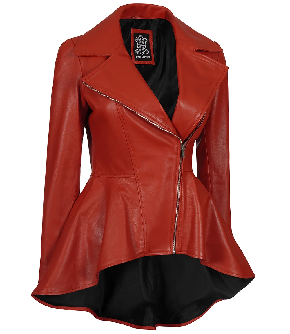 Women's Biker Style Red Leather Peplum Jacket