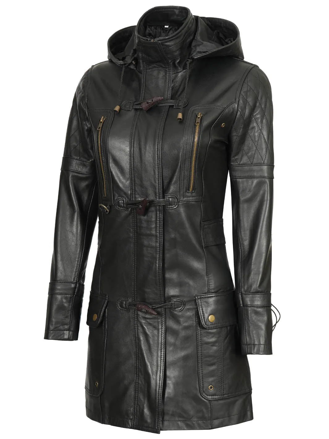 Women’s Black 3/4 Length Leather Coat With Hood