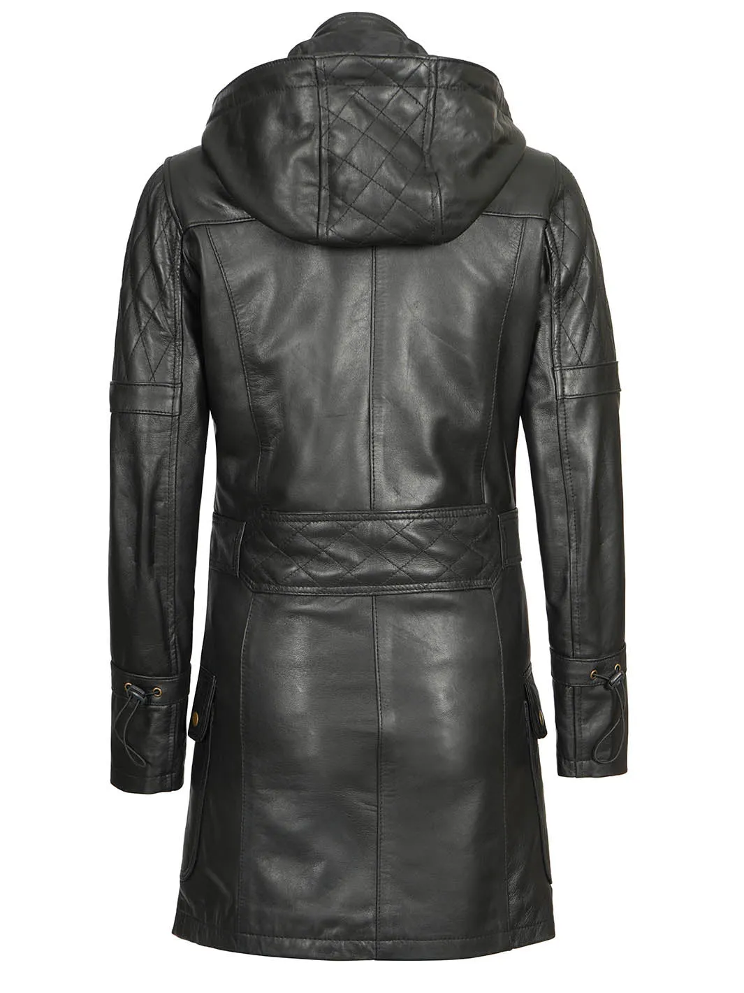 Women’s Black 3/4 Length Leather Coat With Hood