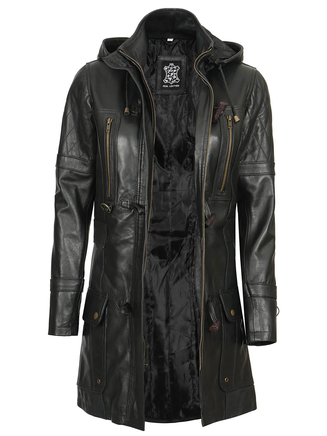 Women’s Black 3/4 Length Leather Coat With Hood