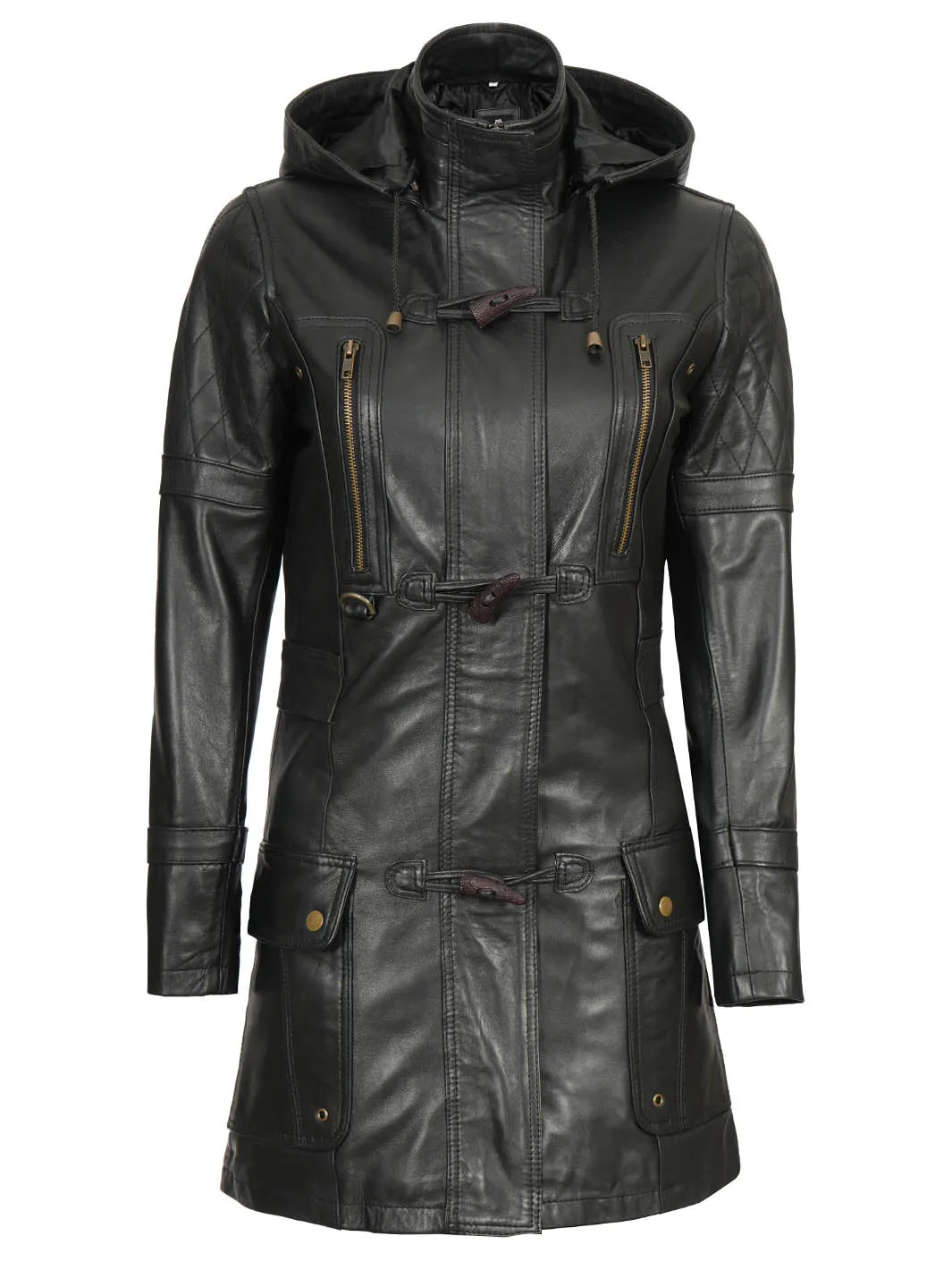 Women’s Black 3/4 Length Leather Coat With Hood