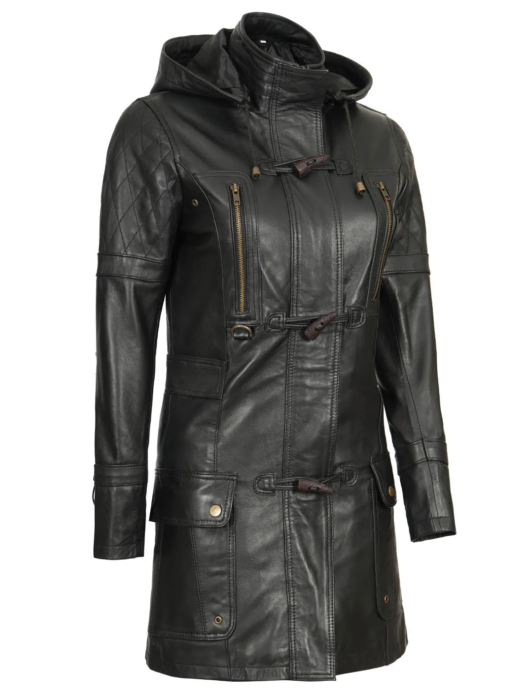 Women’s Black 3/4 Length Leather Coat With Hood