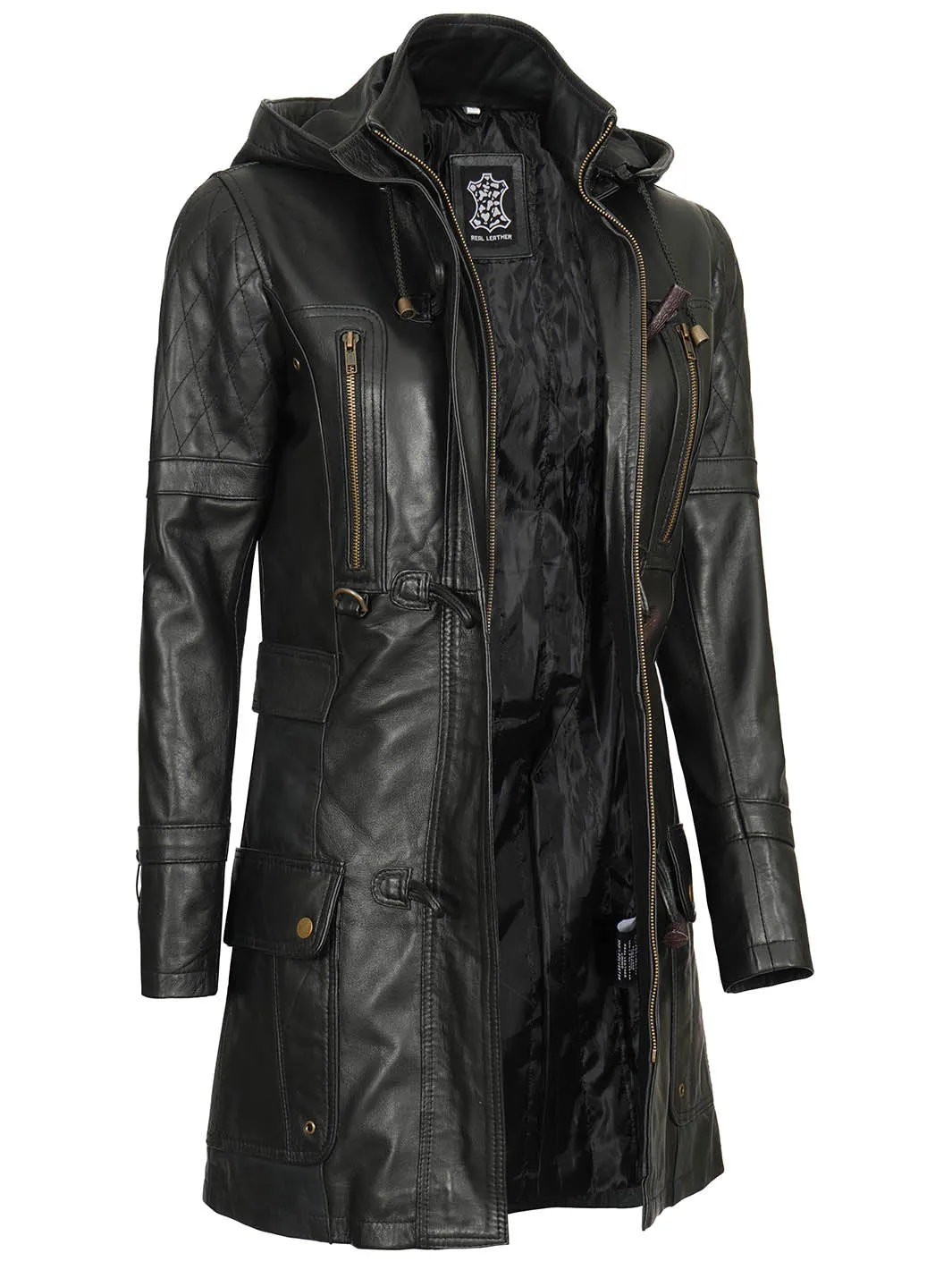 Women’s Black 3/4 Length Leather Coat With Hood