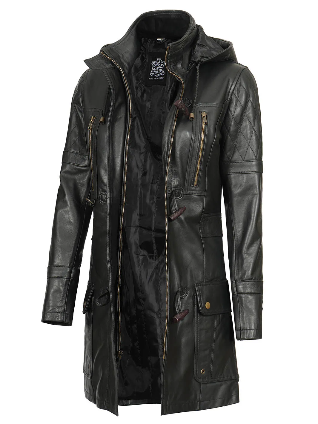 Women’s Black 3/4 Length Leather Coat With Hood