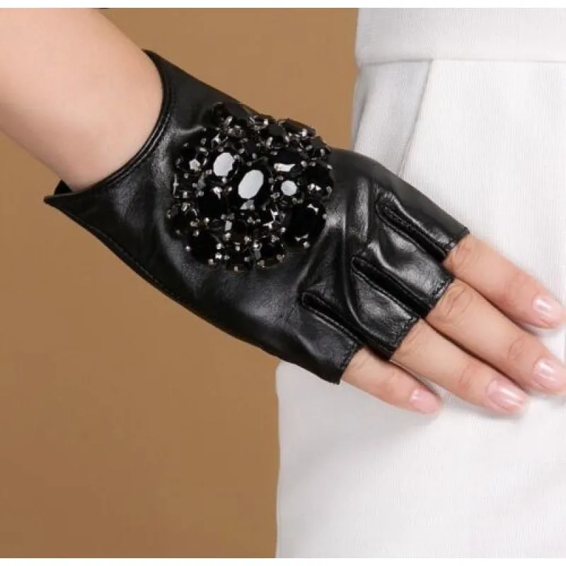 Women's Fashion Black Stone Goatskin Genuine Leather Fingerless Gloves